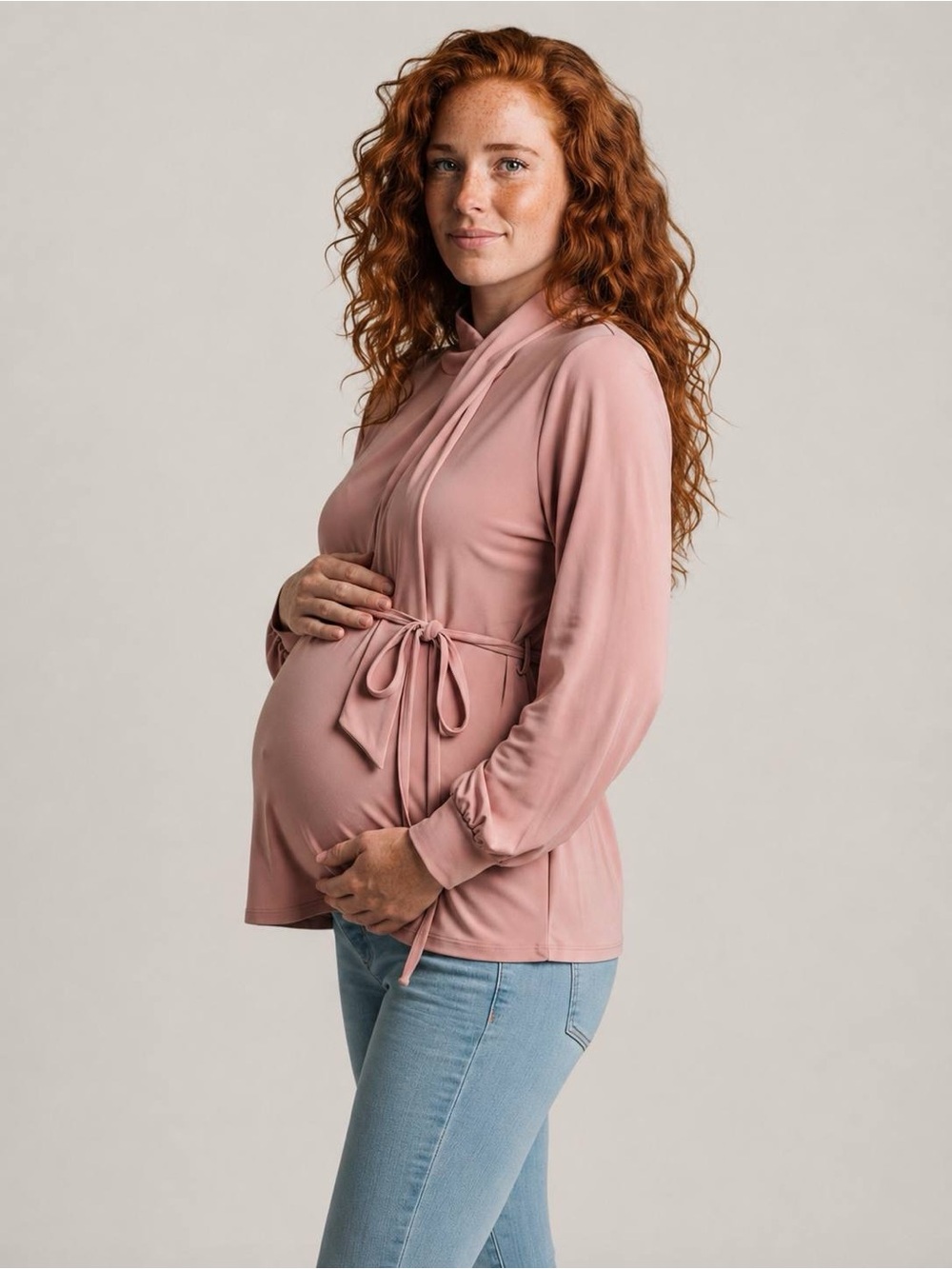 Thyme Maternity Wrap Top Women's Dusty Pink Long Sleeve Tie Waist Size M